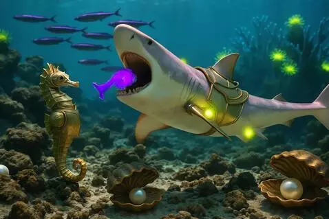 AI Video from prompt: The shark opens its mouth and eats a purple fish