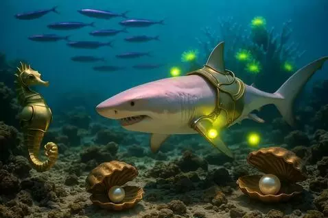 AI Video from prompt: The shark opens its mouth and eats a purple fish