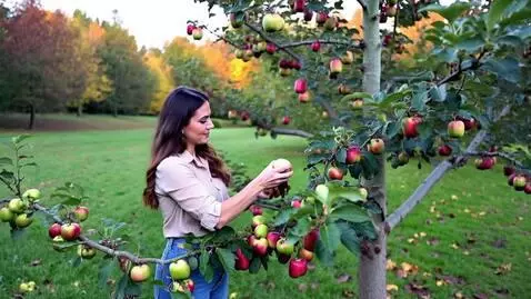 AI Video from prompt: A beautiful ladyplugging apples from yield apple