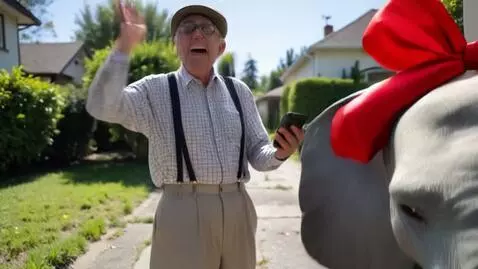 AI Video from prompt: "A sunny suburban street. An elderly man, around
