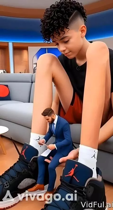 AI Video from prompt: A tall boy places a small man on the floor betwe