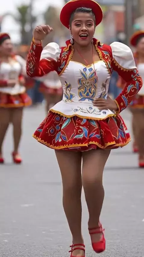 AI Video from prompt: The girl is dancing at the fiesta and walks past