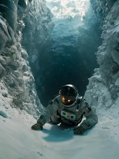 AI Video from prompt: Dark alien ice crevasse, a lone figure in a bulk