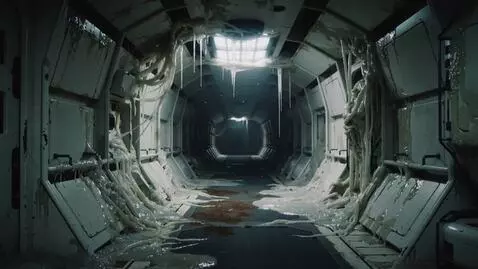 AI Video from prompt: Slow cinematic shot inside an old spaceship corr