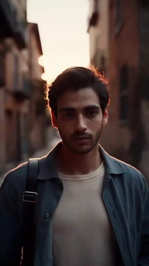 AI Video from prompt: young man walking alone through a quiet old stre