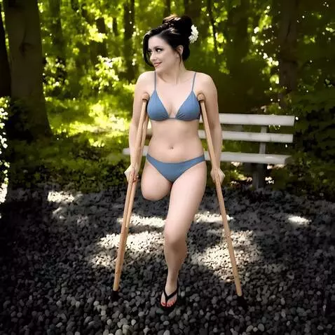AI Video from prompt: A very beautiful one-legged woman walks confiden