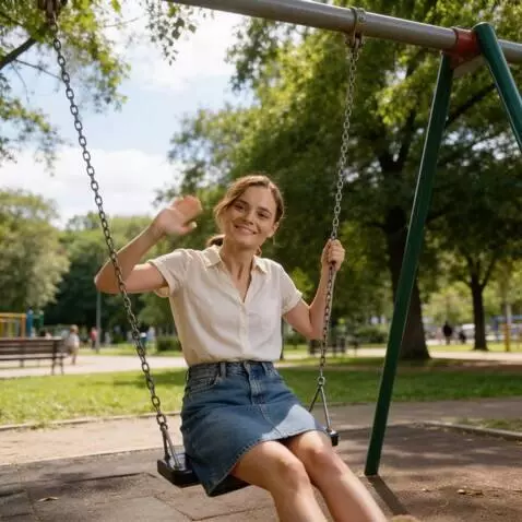 AI Video from prompt: a girl in a good mood is swinging on the swings.