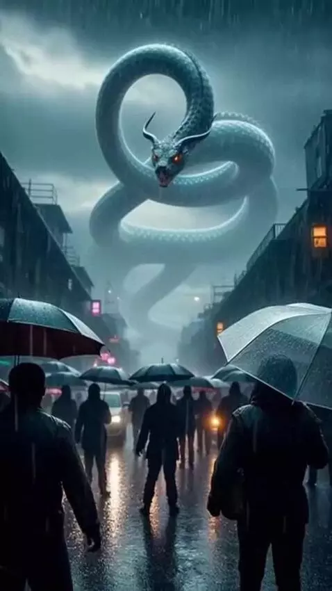 AI Video from prompt: Sky snake rain people crowded