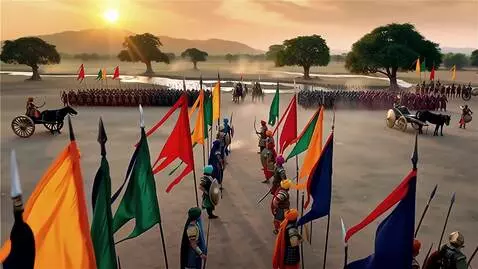 AI Video from prompt: Epic aerial shot of Kurukshetra battlefield at s