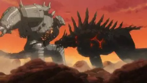 AI Video from prompt: Cinematic anime-style monster battle in a rocky 
