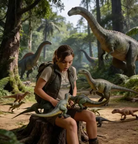 AI Video from prompt: small dinosaurus run up to the girl, and some ju