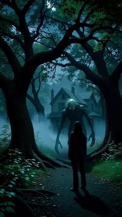 AI Video from prompt: Dark forest at night, a terrifying deformed huma