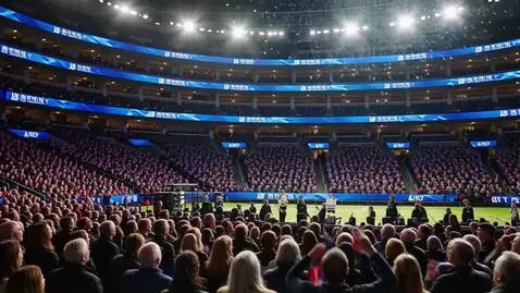 AI Video from prompt: Wide shot of a hockey arena crowd erupting in ce
