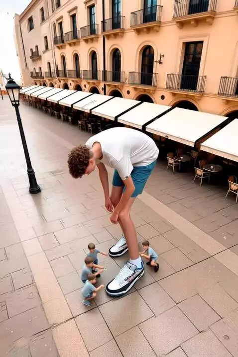 AI Video from prompt: Little boys check tall boy's sneakers and talles