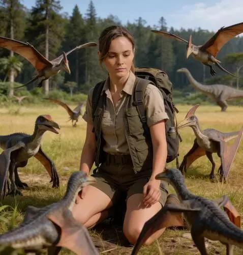 AI Video from prompt: pterodactyls cautiously approach the girl. start