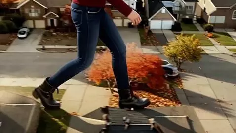AI Video from prompt: A gigantic girl wearing a dark red shirt, blue p