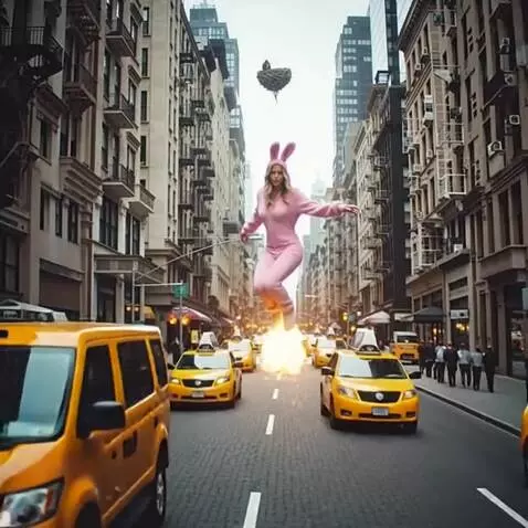 AI Video from prompt: she flies over taxis with flames shooting from h