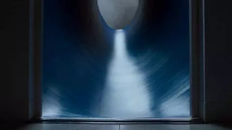 AI Video from prompt: A door opens to a dark blue slide descending inf
