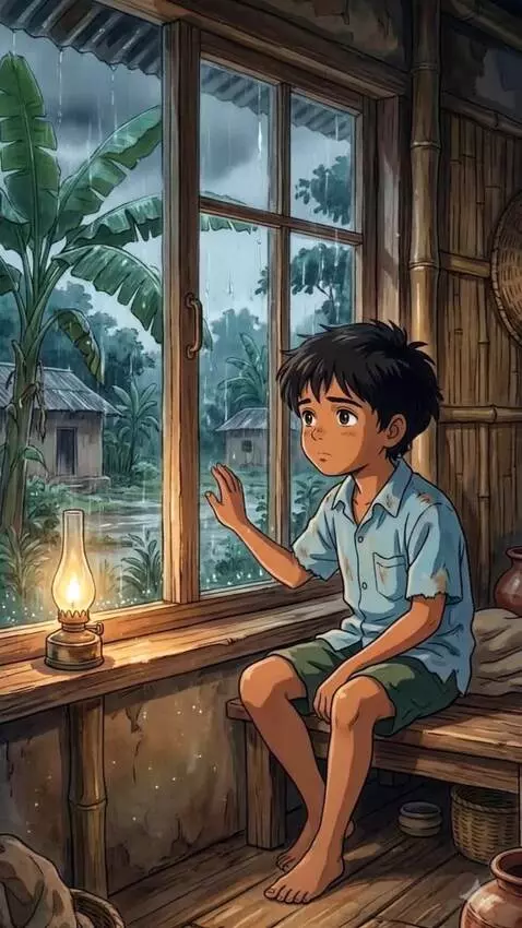 AI Video from prompt: Rafi sits beside the rainy window and slowly loo