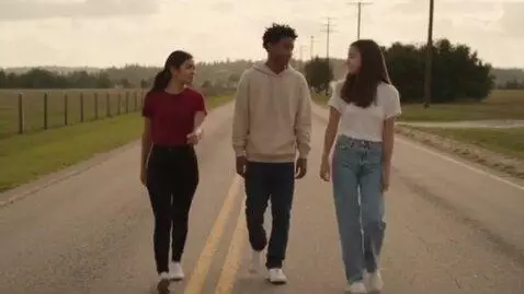 AI Video from prompt: A boy18 year old boy waking on the road with gir
