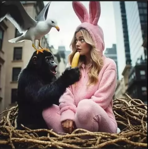 AI Video from prompt: a seagull lands on the gorilla's head, facing ri