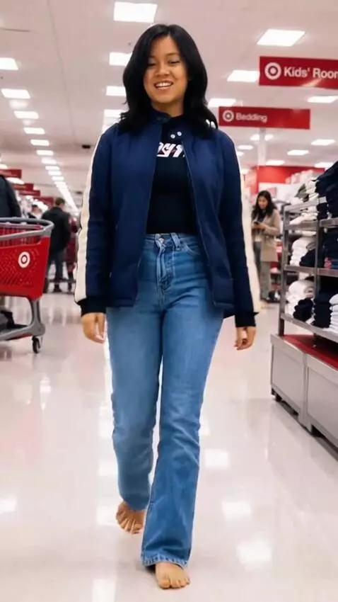 AI Video from prompt: smiling woman, barefoot with slightly dirty sole