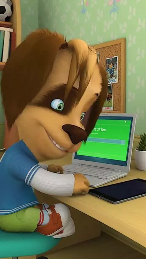 AI Video from prompt: The character siting on chair at laptop said: "L