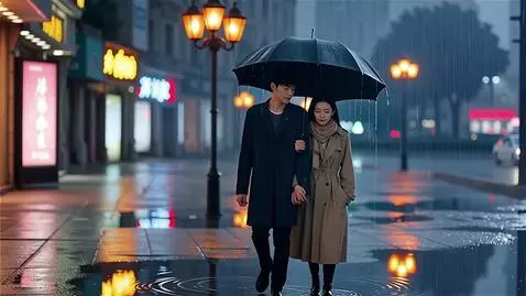 AI Video from prompt: Couple walking in the rain under one umbrella; m
