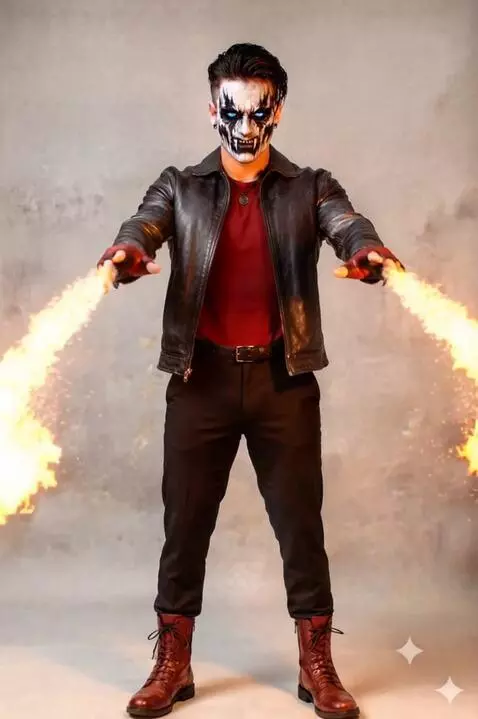 AI Video from prompt: Throws flames from his hands at the screen