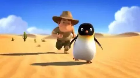 AI Video from prompt: A 3 feet man chasing a pinguin cartoon style in 