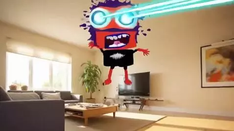 AI Video from prompt: Make him fly around a living room, shoot lazers 
