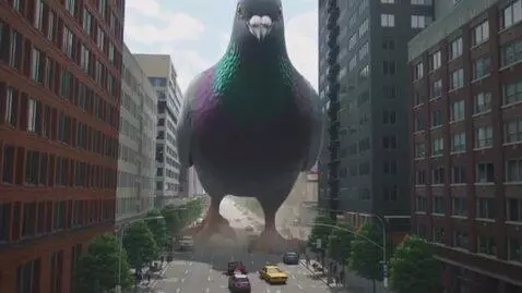 AI Video from prompt: Make a Pigeon The size of a  Sky scraper walking