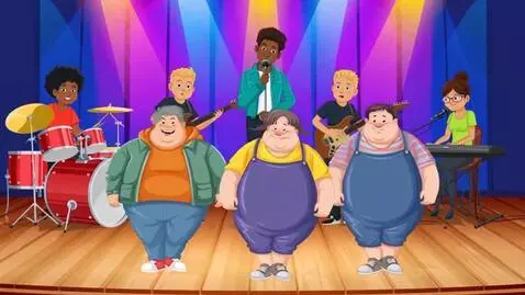 AI Video from prompt: 3 Fat Kids Dancing For Drums,Guitar,Piano,And Si