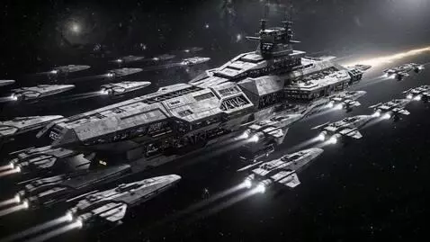 AI Video from prompt: all the space ships are advacing foward in the b