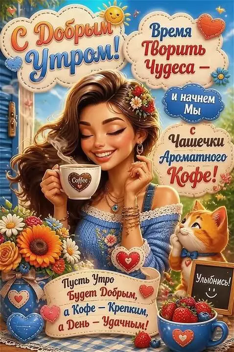 AI Video from prompt: She smiles and drinks her coffee, while the cat 