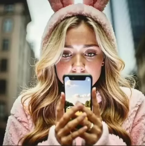 AI Video from prompt: she looks at her cellphone screen and we see the