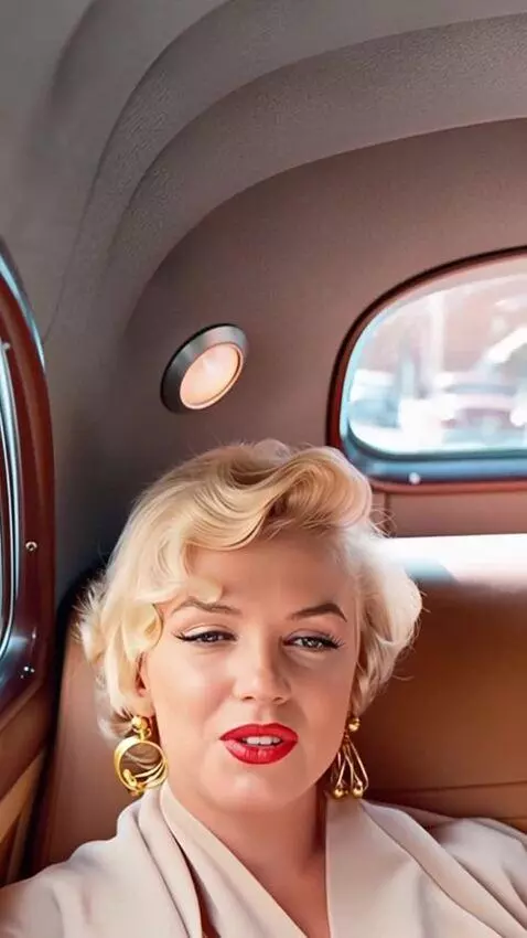 AI Video from prompt: Marilyn Monroe is riding in a car in the back se