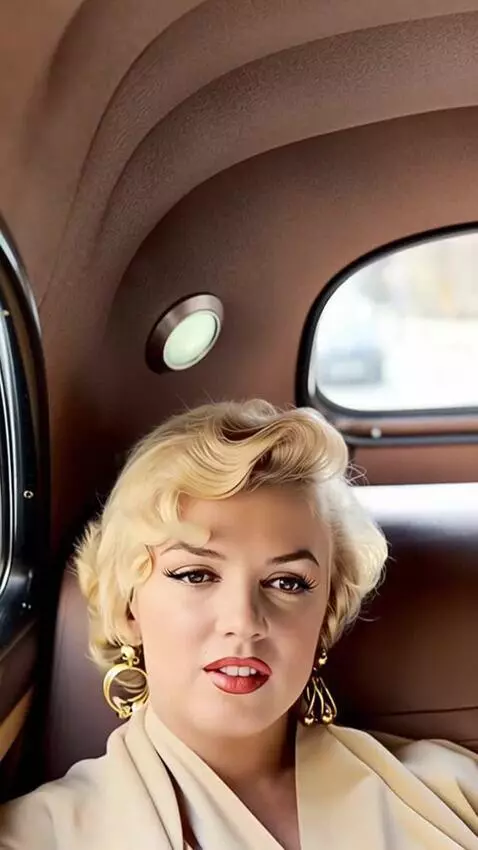 AI Video from prompt: Marilyn Monroe, in color, is sitting in the back