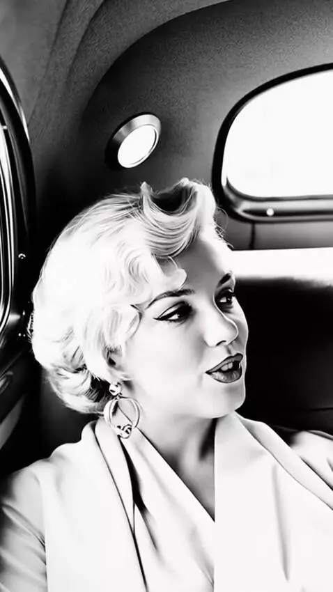 AI Video from prompt: Marlene Monroe looks at the camera, gets up, and