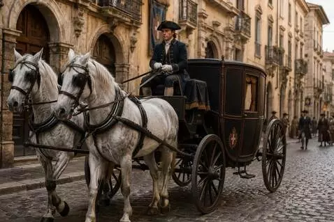 AI Video from prompt: the carriage driver pulls on the reins bring the