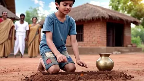 AI Video from prompt: A poor boy named Arjun found a tiny seed on the 