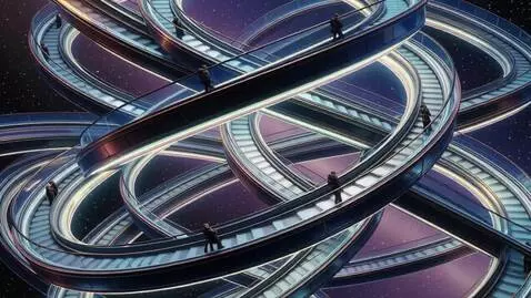 AI Video from prompt: Intersecting circular escalators. Enormous rings