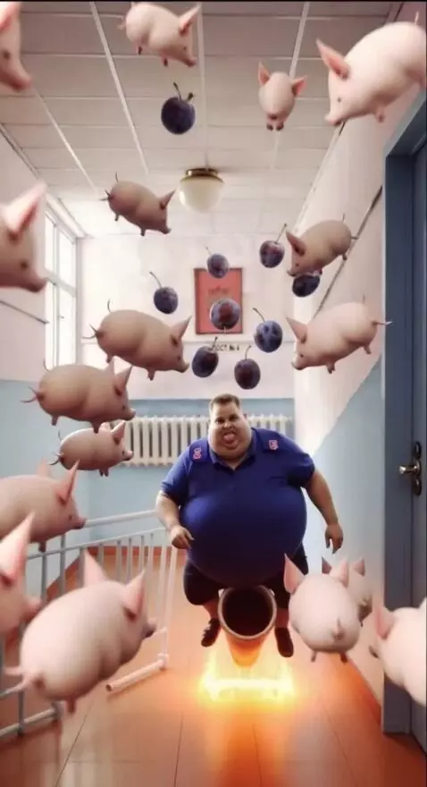 AI Video from prompt: It flies on a huge pig and there are hundreds of