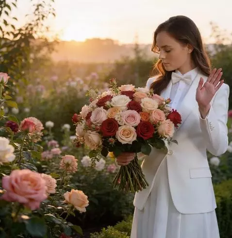 AI Video from prompt: the girl brings the bouquet of flowers to her fa