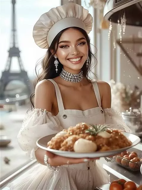 AI Video from prompt: She smiles, moves, and holds out the dish toward