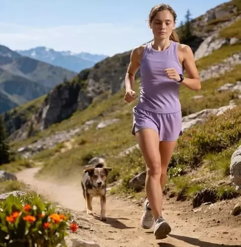 AI Video from prompt: the girl is running calmly and confidently along