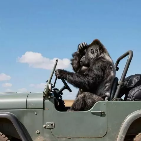 AI Video from prompt: the jeep travel at moderate speed, the gorilla l