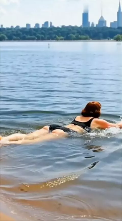 AI Video from prompt: A one-legged woman swims, moving her arms and ri