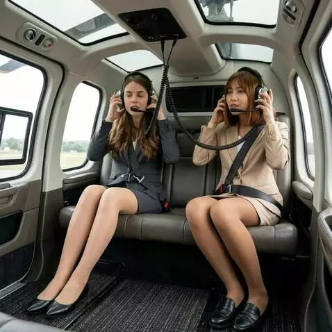 AI Video from prompt: Two women in a helicopter cabin remove their hea