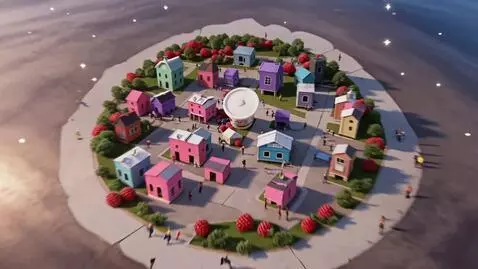 AI Video from prompt: One-take drone ad: pastel miniature berry villag